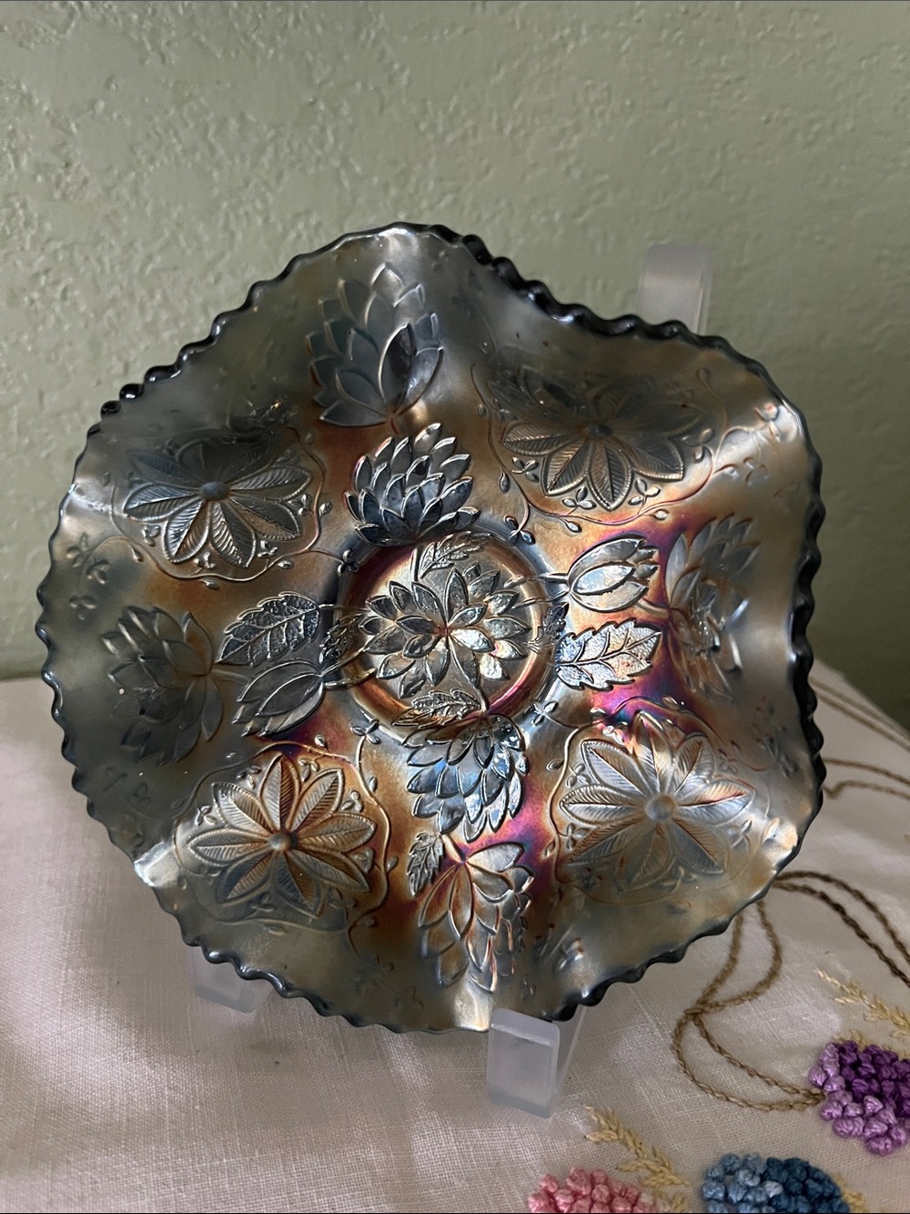 Fenton Water Lily Ruffled Dish Bowl, 3 footed carnival glass